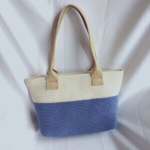 The Sak Medium Satchel Dual Handle Flat Bottom Blue Cream Crochet
